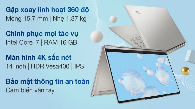 Laptop Lenovo Yoga 9 14ITL5 i7/1185G7 có lớp vỏ kim loại gam màu bạc hiện đại, mỏng 15.7mm và nhẹ 1.37kg